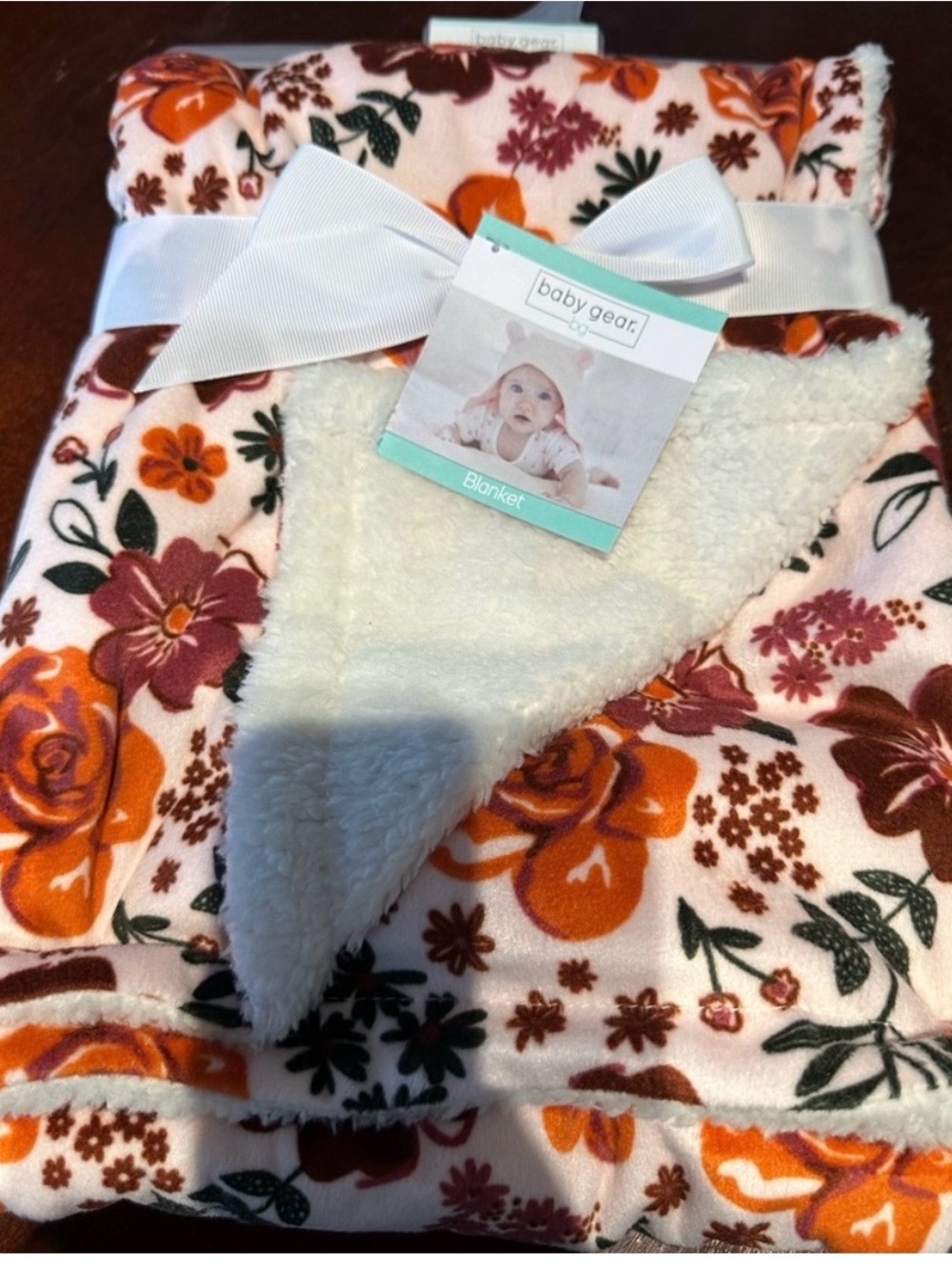 Baby Gear Fall Floral Baby Blanket Reversible Sherpa Orange Burgundy Flowers NWT